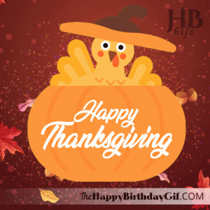 Happy Thanksgiving with Turkey hiding inside Pumpkin Gif